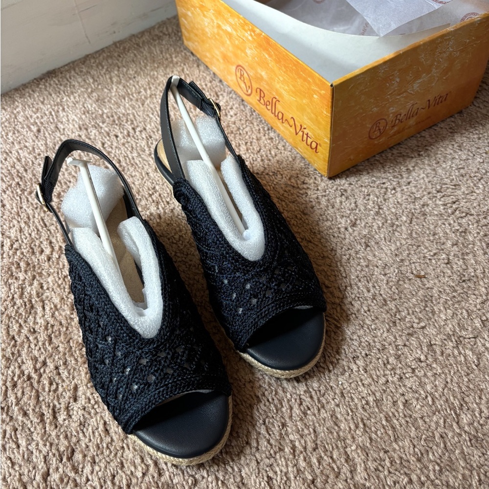 Bella Vita Black Crochet Espadrille Wedge Slingback - Picture 2 of 3